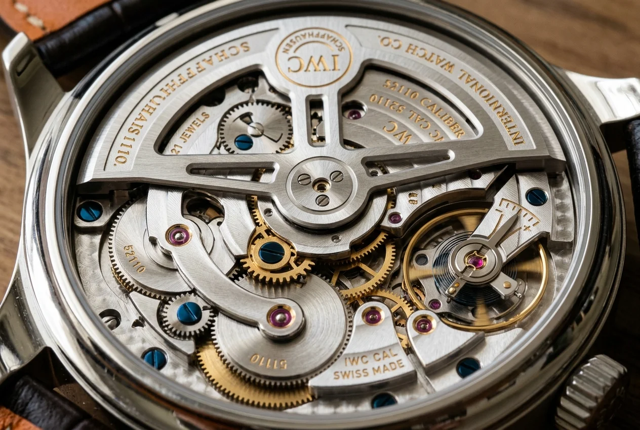 Close-up of the IWC Caliber 52110 automatic movement with twin barrels