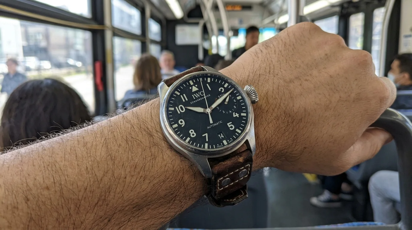 Close-up of the IWC Big Pilot 46 luxury aviator watch on a wrist