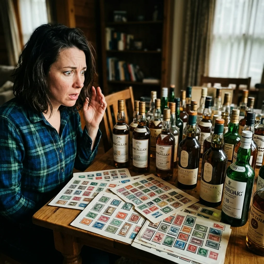 Detailní pohled na luxusní sbírku whiskey a známek pro určení hodnoty