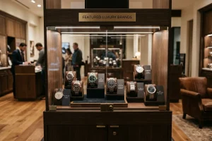 Display of luxury watch brands available at Teddy Baldassarre's store (AI Generated Image)