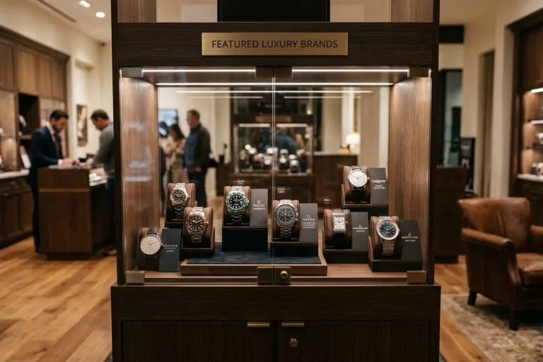 Display of luxury watch brands available at Teddy Baldassarre's store (AI Generated Image)