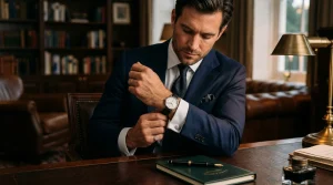 Dapper gentleman wearing tailored navy suit cuff with refined dress watch (AI Generated Image)