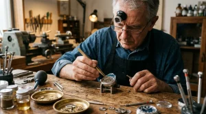 Artifice Horoworks master watchmaker assembling custom Seiko tool watch at workbench (AI Generated Image)