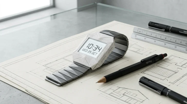 Minimalist modern paper style Tyvek digital watch on architectural drafting paper (AI Generated Image)