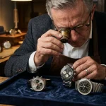 Watch appraiser using loupe to inspect pattern dial variations on vintage chronographs (AI Generated Image)